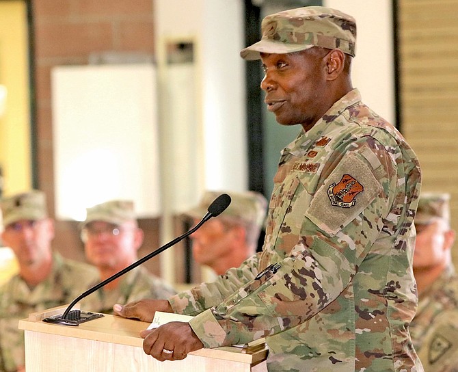 In January 2020, then-Brig. Gen. Ondra Berry addressed Nevada Army National Guard soldiers who were being deployed to Poland for a year.