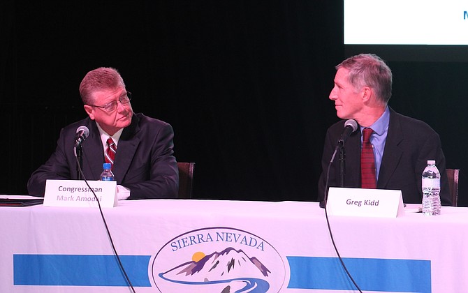 U.S. Rep. Mark Amodei, R-Nev., left, and independent nonpartisan candidate Greg Kidd at a public forum at the Brewery Arts Center on Oct. 16, 2024.