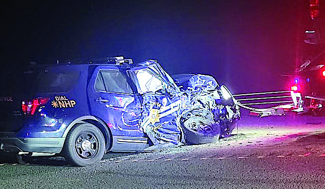 Trooper Ross Miller's patrol vehicle after he drove it into the path of a wrong-way DUI driver on Oct. 20, 2023.