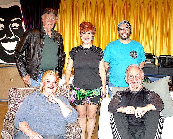 The Black Ice Theatre and Carson Valley Community Theatre production’s “Misery” cast and crew, Dave Anderson as Buster the sheriff, Director Andrea Rogers, Assistant Director Branden McCarthy, Shelly McCarty as Annie Wilkes, and Joe Herald as Paul Sheldon.