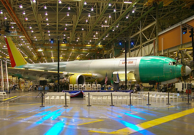 A 767 seen in production at Everett, Washington, August 6, 2007.