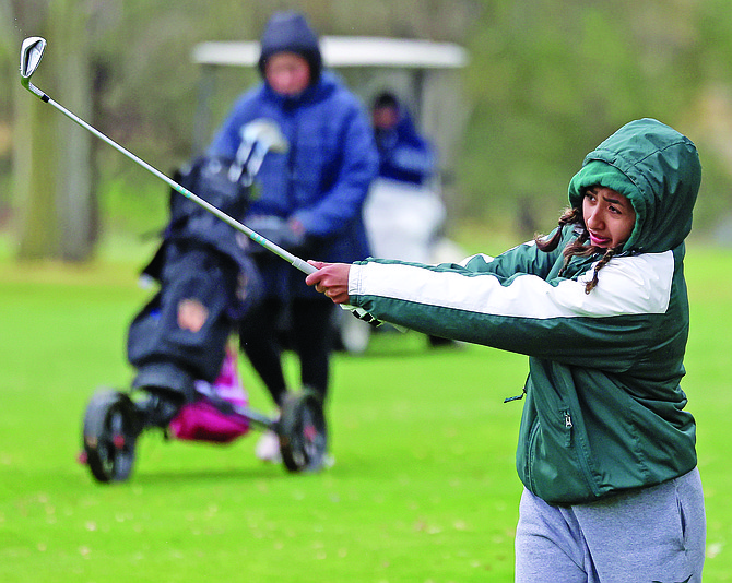 ANTHONY MORI • Elko Daily Free Press
Battle Mountain’s Jaylee Jorgenson hits a drive at the NIAA 2A State Girls Golf Championships in Elko.