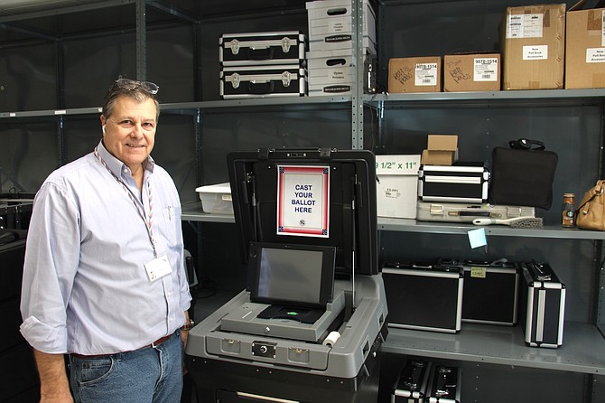 Carson City Clerk-Recorder Scott Hoen with an ES&S vote tabulator in the office’s Elections Room on Oct. 21, 2024, two days after the start of early voting.