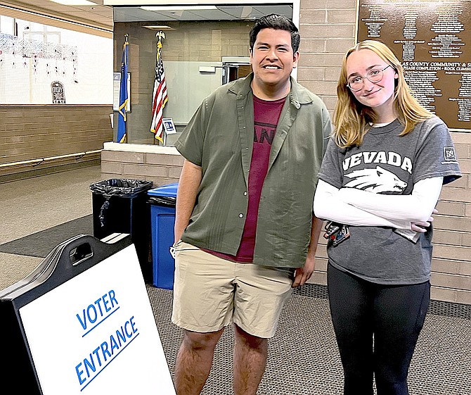 UNR students Antonio Fuentes and Sabrina Settelmeyer voted for the first time on Saturday at the Douglas County Community & Senior Center in Gardnerville.