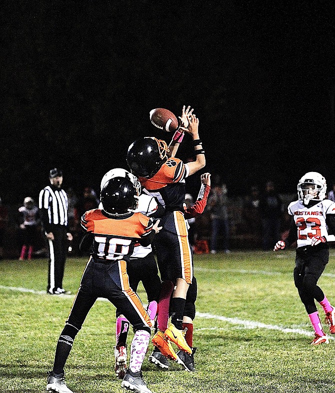 Joseph Bonfiglio of the Pop Warner 12U Douglas Tigers leaps to catch a pass as teammate Atlas Jacobucci (18) blocks a defender during a playoff game against Lovelock on Oct. 18 at Stodick Park. Photo special to The R-C by Marilyn Smith