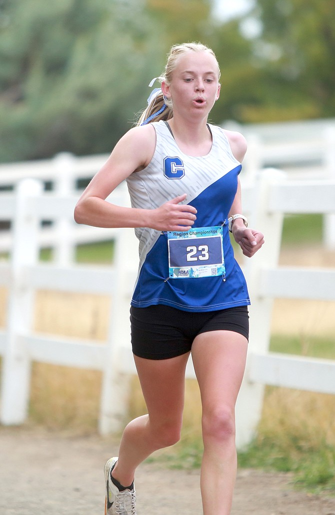 Carson High’s Vea Miner hits the backstretch of the Rancho San Rafael course, during the Class 5A North regional cross country meet Friday. Miner crossed the line in sixth as an individual as the Senator girls took second place as a team.