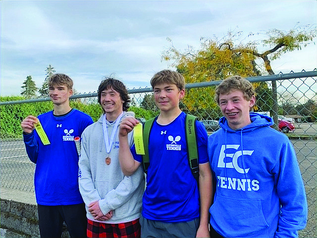 Eatonville’s Nate Goode (doubles 4th place), Brody Thirtyacre (singles 3rd place), Carl Lucas (doubles 4th place), Jacob Golding (9th place) pose for a photo after competing at the league championships.