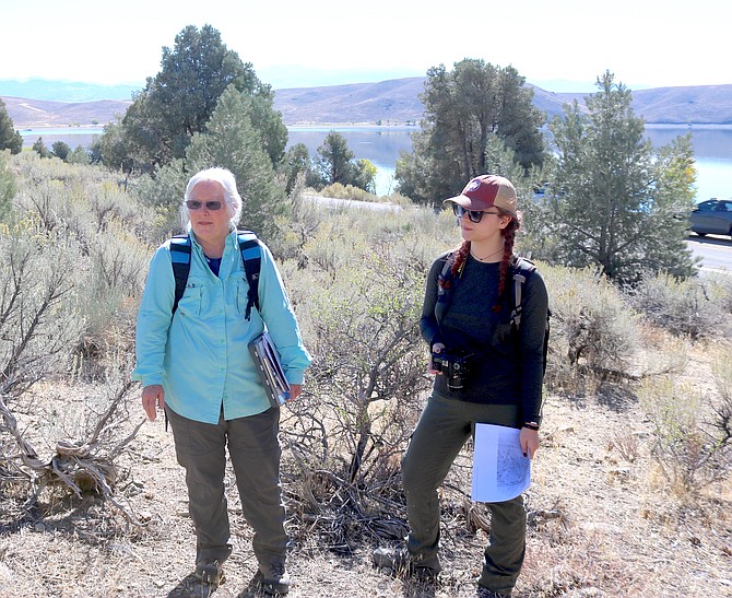 Instructor Robin Eppard and student Maile Pierson visit a 2,000-acre study site above Topaz Lake to survey conditions for pinyon jays and their favorite foot piñon pine nuts.