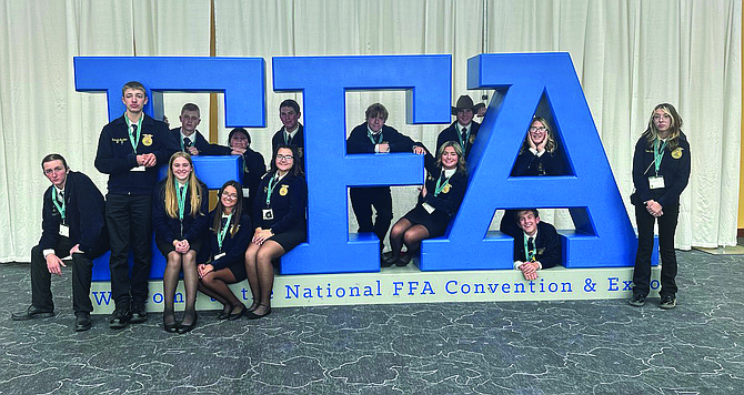 The Churchill County FFA recently attended the National FFA convention in Indianapolis. Back row from left are Logan Worth, Carley Dock, Liam few, Ryan Gomes , Jackson Barbee and Laci Peterson. Front row, from left, are Konnor Jackson, Garrett Gardner, Claire Barbee, Hannah Montalvo, Bailey Prinz, Madison Gregory, Jace Few and Chava Bonds.