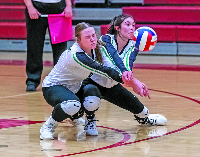 Fallon’s Raygen Bartel, left, and Layla Walker both try to pass the ball in their loss at Truckee last week.