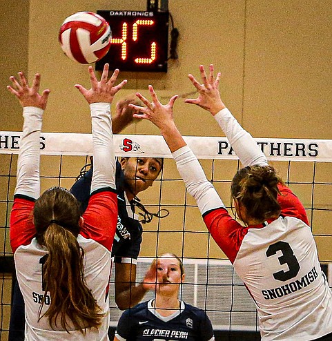 Glacier Peak Grizzly senior Hanna Ligons fires one of her five kills in GP’s win over Snohomish 3 - 0 on Monday evening in Snohomish.  Ligons stuffed five blocks as well. The Grizzlies won the first two games handily, but Snohomish came alive in the third, tying the game twice in the closing minutes of the third and final game.  GP senior Ava Nowak led with 19 kills and five digs, with teammate  senior Lucy Cornelius made 27 assists. Glacier Peak met Lake
Stevens for the Wesco 4A title on Monday, Nov. 4 after the Tribune’s press time.