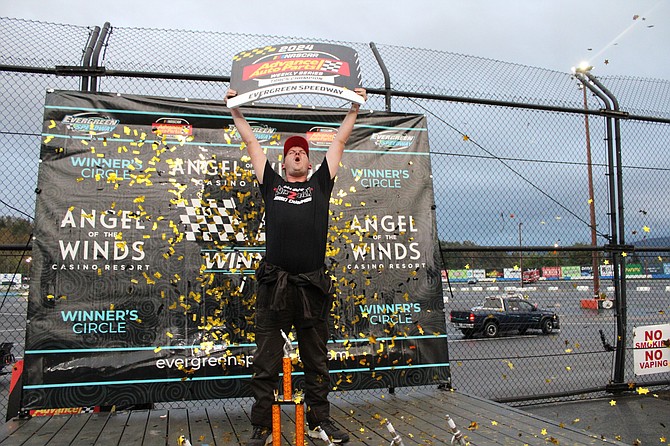 Oval track racer Zach Bristol of Snohomish gives whoops of joy in September when he won the track’s Hornets class title, which he clinched before ultimately taking national.