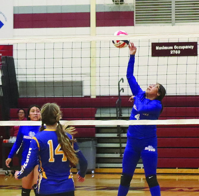 McDermitt’s Kiarra Crutcher goes up for a kill in a opening-round match against Lund at The Northern 1A East Regional Championship on Saturday in Elko.