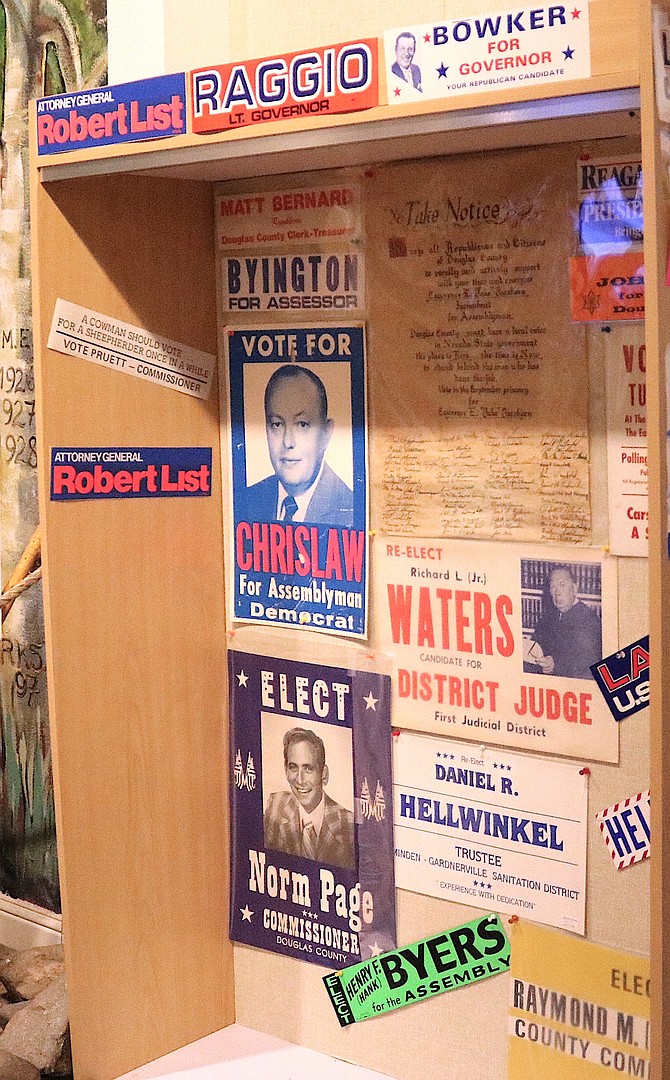 A display of campaign posters at the Carson Valley Museum & Cultural Center in honor of elections.