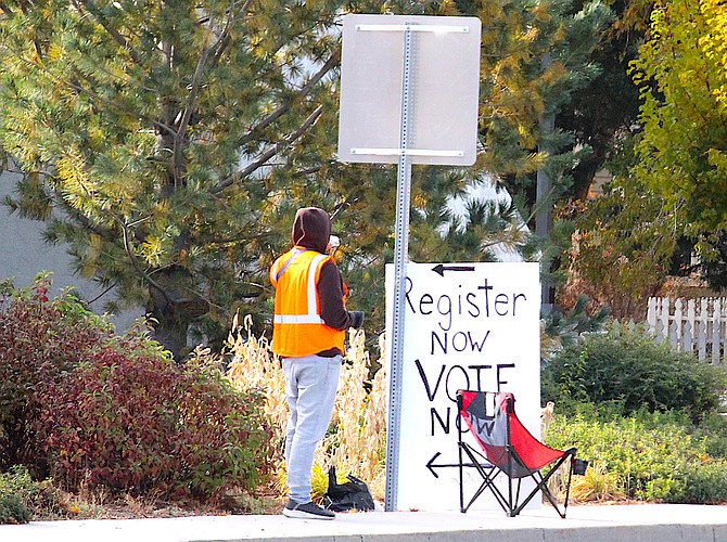 A voter registration drive of sorts along Highway 395 in Minden on Tuesday afternoon.