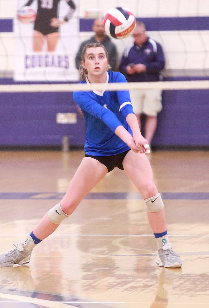 Carson High’s Abby Franco looks to dig a ball against Spanish Springs in the regional tournament. Franco was named the Class 5A North player of the year, leading the league in average kills per set.