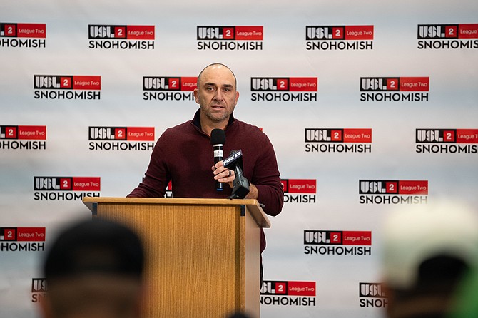 Snohomish United Director of Coaching Anthony Sardon speaks at the press conference Nov. 4, 2024 announcing the new Snohomish USL2 team.