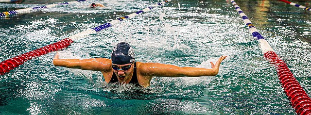 Glacier Peak junior Jolie Takano drives for the turn in her heat of the Girls 100-yard butterfly in the Wesco 4A districts Girls Championship Swim Meet Thursday, Nov. 7 in the Snohomish Aquatic Center. Takano finished fourth at 1:02.49, beating her Seed Time of 1:09.83.
Jackson took the district title. Team scores from the meet were: Jackson 563, Glacier Peak 428, Lake Stevens 367, Kamiak 340, Cascade 157, Mariner 55.