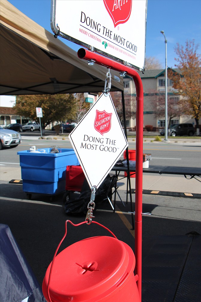 Scott Neuffer/ The iconic red kettle for monetary donations at the Salvation Army’s 27th annual turkey drop at Max Casino on Thursday.