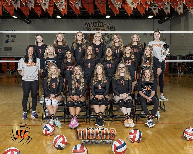 The Douglas High School freshman volleyball team posted a 23-0 record this season. Pictured in front from left to right are Ashtyn Swartz, Daisy Cinciala, Lilah Rasmussen, Charlie Huber and Madi Gannon. In the middle, from left, assistant coach Dana Rocha, Brooklyn Salmon, Hazel Kaur, Kinsley Briscoe, Emily Troy, Kaya Schultz and Zoe Jensen. In back, from left, Ella Hall, Kate Anhorn, Azzy Vasey, Emily Shaw, Sophia Peterlin, Payton Estes and coach Caitlyn Costa.