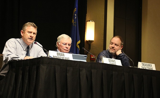 The Northern Nevada Development Authority held an Economic Roundup featuring panelists, from left, Brian Bonnefant of the Center for Regional Studies of the University of Nevada, Reno, Nevada State Treasurer Zach Conine and Dennis Cuneo, president of DC Strategic Business Advisors and a former senior vice president at Toyota, who shared perspectives on the general election’s impact on Nevada.