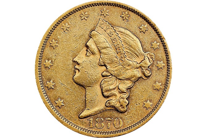 A rare $20 double eagle gold coin from 1870 which sold for $1,440,000 at an auction Nov. 19, 2024 in Costa Mesa, Calif.