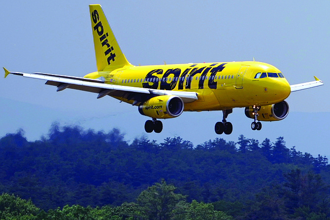 A Spirit Airlines 319 Airbus approaches Manchester Boston Regional Airport on June 2, 2023, in Manchester, N.H.