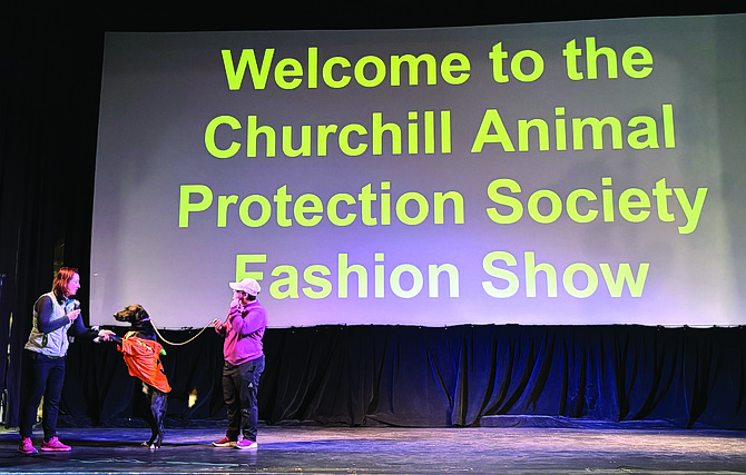 Handler Alyssa Grondin helps Sonic give a paw to emcee Genevieve Jaslowski to show off his jack o’lantern outfit.