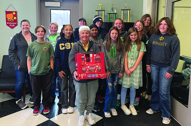 Churchill County Middle School donated candy canes for the tree lighting. 
Those pictured include Michele Tapia, Steven Sutton, Piper Humphrey, Ali Kentros, Michael Lister, Judy Pratt, Joanna Soriano, Landon Liston, Laurel Beach, Tyleigh Gardner, Gloria Wood, Sara Scott, Courtney Aguilera, and Linnea Koenig.