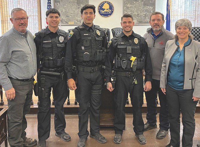 The Fallon City Council approved Kenji Armbruster, Jose Alcaraz and Tristan Aller on Nov. 19 for service as officers in the Fallon Police Department. From left are Councilman Paul Harmon, Armbruster, Alcaraz, Aller, Police Chief Ron Wenger and Mayor Pro Tem Kelly Frost.