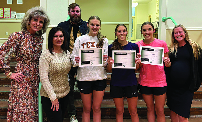 The Churchill County High School girls soccer team has been recognized by the school board as State Academic Team Champion for achieving a team grade point average of 3.79. From left are Board Vice President Amber Getto, Trustee Wendy Bullock, assistant coach Neil Tunstead, Kylee Simper, Kortnie Simper, Karlie Simper and head coach Macy Myers.