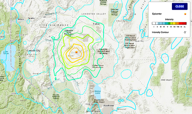 An ‘intensity’ map from the U.S. Geological Survey for Monday’s earthquake near Yerington.