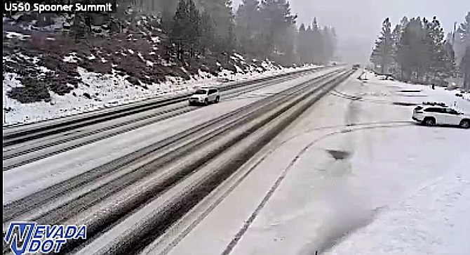 A screen shot from the nvroads.com camera on Spooner Summit where chains or four-wheel drive with snow tires are required as of 2:45 p.m. Friday.