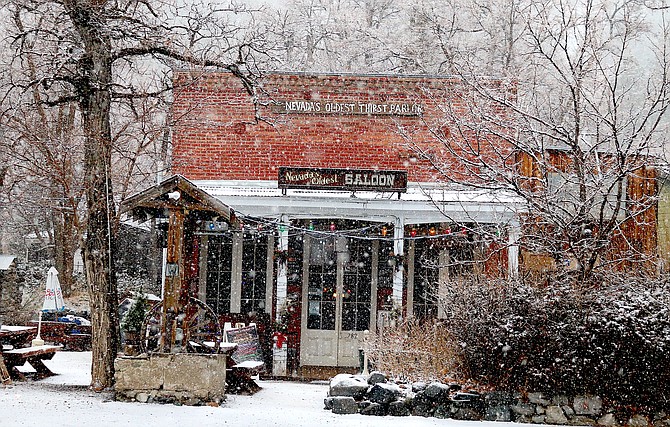 A little bit of snow fell on Saturday morning at Nevada's Oldest Thirst Parlor.