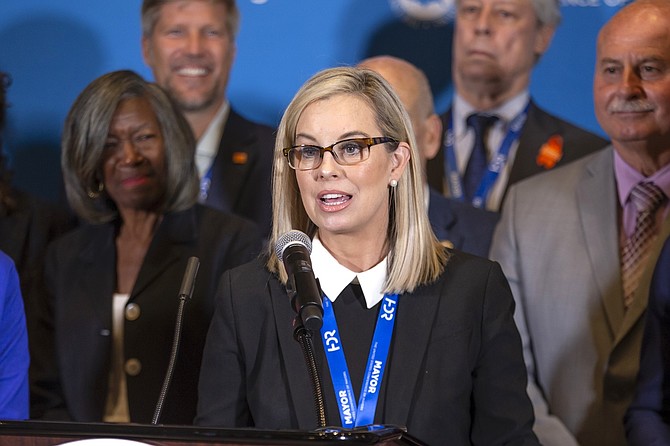 Reno Mayor Hillary Schieve at a news conference during the U.S. Conference of Mayors 90th annual meeting at the Peppermill Resort Hotel in Reno on June 3, 2022.