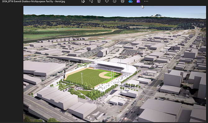 A graphically detailed conceptual image of how a stadium would fit in the footprint near Wall Street and Broadway. The site would feature Everett AquaSox baseball, and potentially a United Soccer League (USL) minor-pro soccer team.