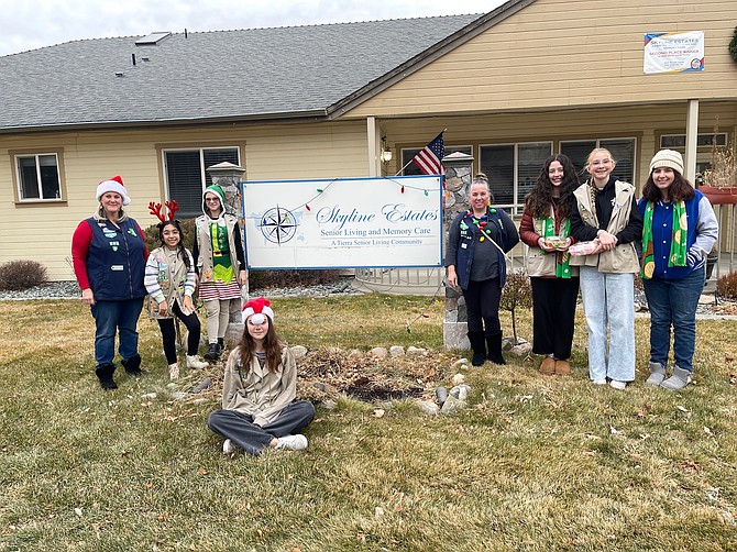 Girl Scout Troop 252 members, including Clarissa Saenz, Fiori Maiello, Maya Creelman, Sophia Guzman and Elodie Paslov with co-leaders Rachel Maiello and Christina Saenz and parent volunteer Gina Guzman, on Friday visited residents of Skyline Estates Senior Living and Memory Care to provide personal and comfort items collected in a drive.