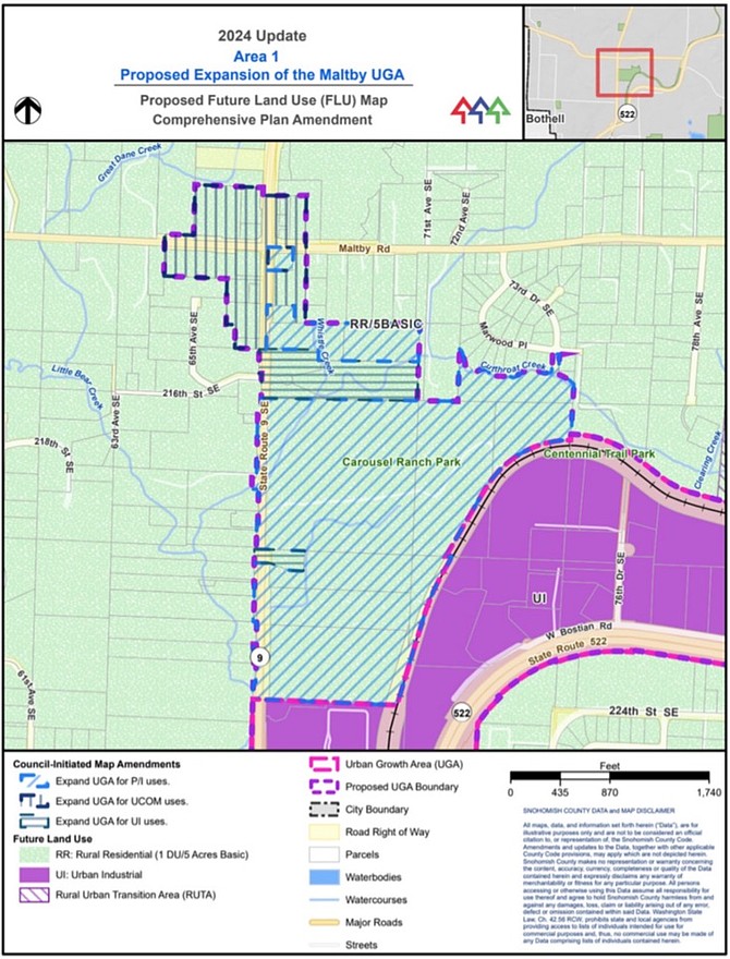 The northwestern portion boundaries of the proposed Maltby Urban Growth Area (UGA) expansion is marked with striped hash marks. The current UGA is in purple on the map.