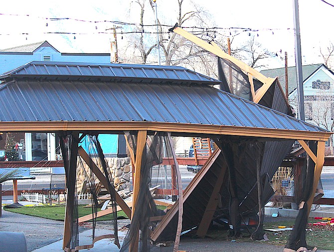 One of the patio shelters at DST Coffee was blown over in the high winds that scoured Carson Valley early Friday morning.