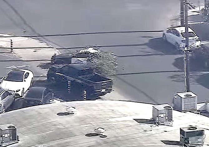 A screen capture of a stolen pickup in a Los Angeles high-speed pursuit from streaming video on Los Angeles ABC affiliate Chanel 7.