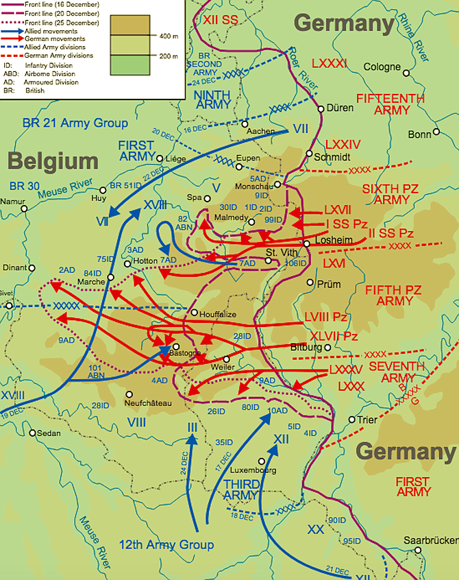 This map shows the swelling of ‘the Bulge’ as the German offensive progressed creating the nose-like salient during Dec. 16-25, 1944.