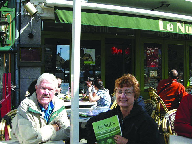 Ken Beaton and Lin Nary enjoy lunch at Le Nuts restaurant in the center of Bastogne, Belgium, on Sept. 26, 2011.