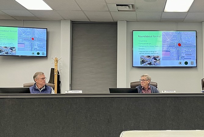 Carson City Regional Transportation Commission members Jim Dodson, left, and Gregory Novak on Wednesday evaluating a proposed roundabout for Goni Road and Arrowhead Drive.