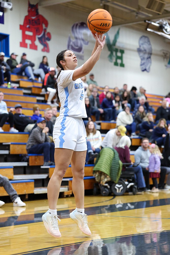 Emjae Salanoa shoots a 3-pointer during a game against Damonte Ranch last weekend. Salanoa had a team-high 17 points in a win over Galena on Wednesday, including a 3-pointer that put the Senators up four points in overtime.