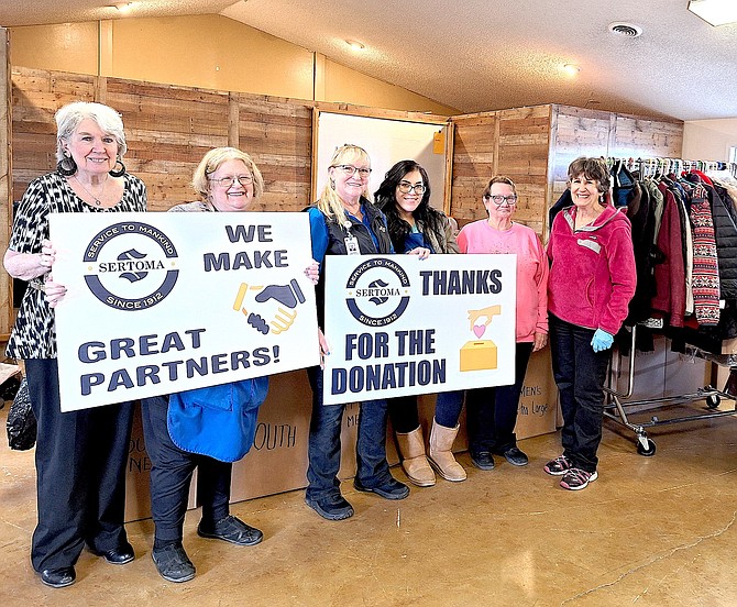 Sertoman Pat Cardinal, Friends in Service Helping Gail Funk, Carson Valley Health’s Daphne Hiller, Friends in Service Helping’s Maria Mendez and Brenda Helsley and Sertoman Linda Armstrong. Photo special to The R-C by Eileen Behr