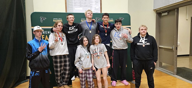 The Eatonville Cruiser wrestlers that qualified for the State tournament posed for a photo following their District 3 tournament. Back row (left to right): Bryan Boers, Makenzie Ball, Mark Devera, Jameson Beckord, Trey StaRosa, Ethan Rogers, Aaron Tozier. Front row (left to right) Nala Baublits and Khloee Young. Not pictured: Jarin Ragazzo and Olivia Young.