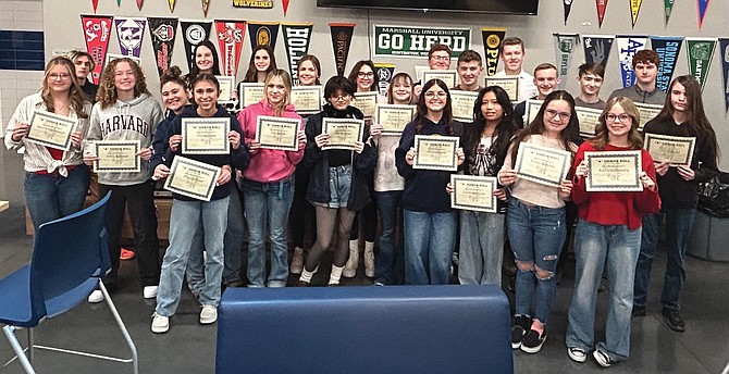 High school students who qualified for the A Honor Roll. Back row, from left, are Leonida Arcoraci, Taylor Sowersby, Kaylee Craig, Hazel Mackedon, Stevie Hiskett, Gavin Wolf, Asher Irving, Crew Schank, Keaton Jaques, Mason Jardine and Wyatt Ricks. 
Front row, from left, are Meirra Cavanaugh, Haley Bowman, Phynex Hunt, Emma Lewis, Lily Smith, Valerie Antus, Meghan Allen, Alexis Slupski, Lyannrose Goss, Brooke Manskie, Addison Sweeney and Caleb Pilarski.