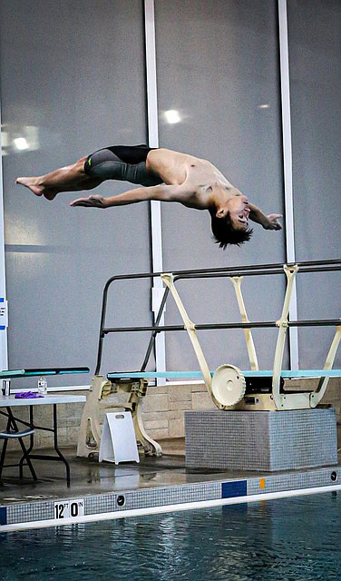 Shogo Yamishita from Lake Stevens performs one of his dives during the Wesco 3A/4A District Diving Championship on Wednesday, Feb. 12 at the Snohomish Aquatic Center.
In Wesco 4A North, Lake Stevens has had an undefeated swim/dive season of 8-0 conference, 10-0 overall. In 4A South, Jackson’s having a 5-1 conference, 6-2 overall season.
Shorecrest is dominating 3A South swim/dive also with an undefeated season.

The 4A swim and 3A swim championships were after the Tribune’s early press time because of the President’s Day holiday.