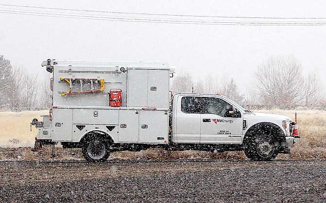 An NV Energy truck leaves the Buckeye Substation on Thursday afternoon.