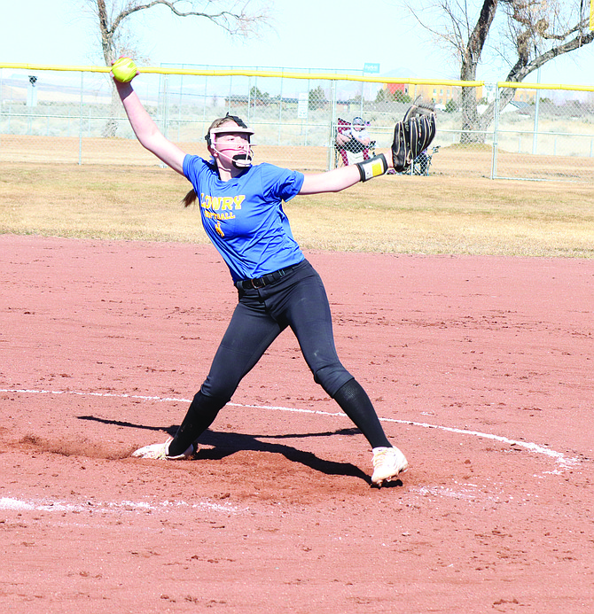 Lowry freshman Makinley Hislop tossed a perfect game against Elko in a 1-0 win at the Colorado River Invitational in Needles, Calif.